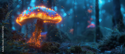 A single vibrant mushroom glowing bioluminescent light in a dark forest photo