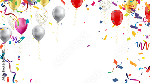 An array of vibrant balloons, confetti, and streamers float elegantly, suggesting a festive and celebratory mood