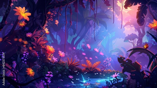Lush alien jungle scene, vibrant hues, oversized flowers and plants, comic style details, mystical light glows, winding vines, colorful mist