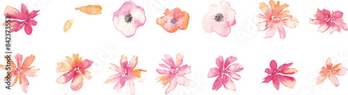水彩画。水彩タッチの花と草木イラスト。植物のベクターイラスト。華やかな花の装飾イラスト。Watercolor painting. Flowers and plants illustration with watercolor touch. Vector illustration of plants. Gorgeous flower decoration illustration.