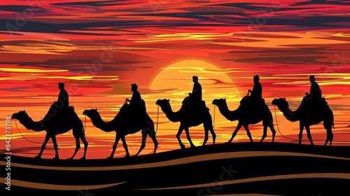 Sahara desert  indian camel driver leading caravan at sunset  embodying the essence of travel