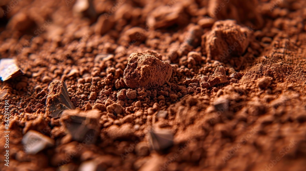 Close-up of cacao powder with rich brown tones, natural clumps and fine particles, isolated background, studio lighting Close-up of cacao powder with rich brown tones, natural clumps and fine particles, isolated background, studio lighting
