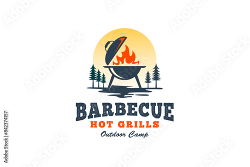Barbecue grill outdoors vintage logo style with sunlight summer vibes illustration design