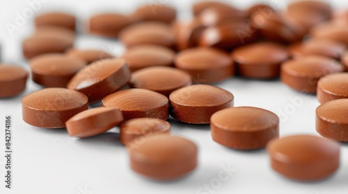 Brown pills displayed against a white surface with space for text Health care and medical theme depicting medication administration