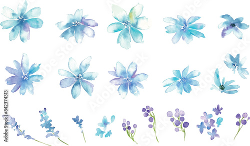 水彩画。水彩タッチの花と草木イラスト。植物のベクターイラスト。華やかな花の装飾イラスト。Watercolor painting. Flowers and plants illustration with watercolor touch. Vector illustration of plants. Gorgeous flower decoration illustration.