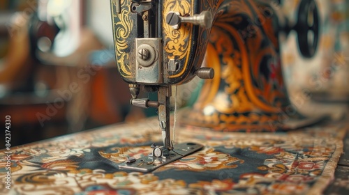 Close-up of a vintage sewing machine in use, focusing on the needle and fabric, showcasing detailed craftsmanship with threads and fabric textures