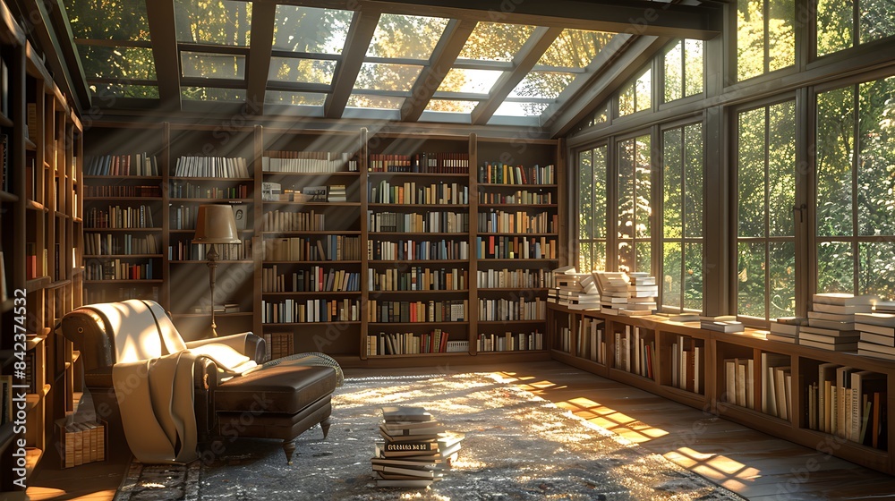 A sunroom transformed into a reading nook, with bookshelves lining the walls, a comfortable armchair, and sunlight pouring in from skylights A sunroom transformed into a reading nook, with bookshelves lining the walls, a comfortable armchair, and sunlight pouring in from skylights