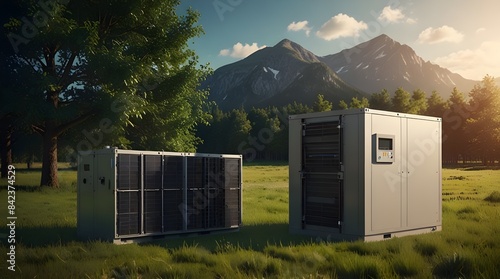Concept of a home battery energy storage located in a grage with a sunny background with lawn car family house and big city.generative.ai