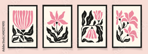 Set 4 drawing floral abstract illustrations in Matisse style. Pink wavy flower and black branches on white background. Modern design for poster, cover, print, card.