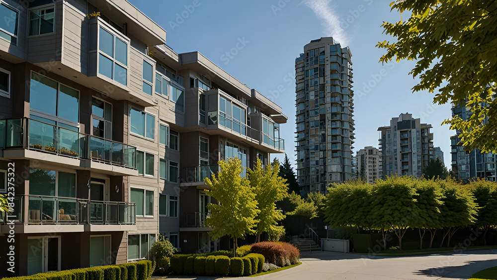 Obraz premium Modern apartment buildings rise against the skyline of Vancouver, British Columbia, showcasing contemporary architecture in Canada's vibrant city.