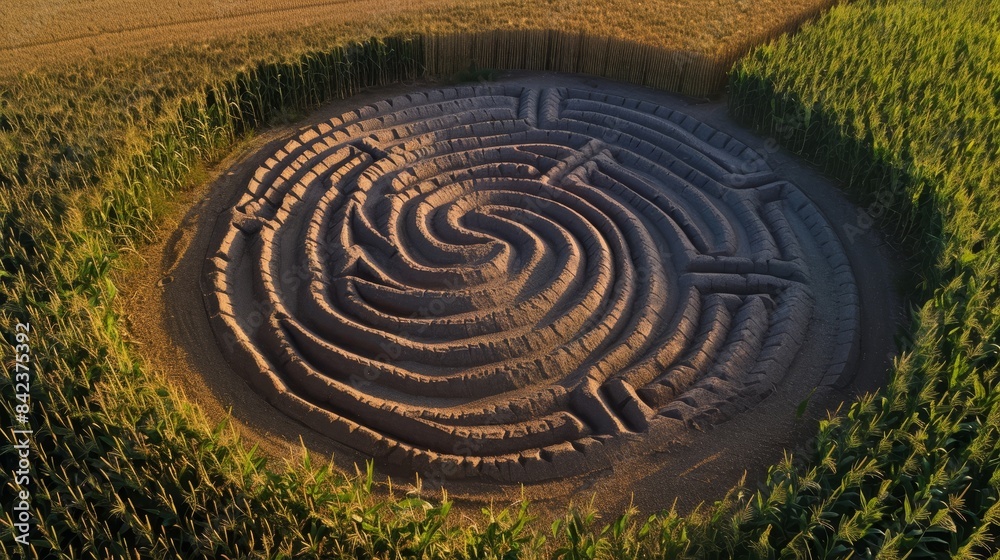 Stunning top-down shot of a sand labyrinth with intricate designs, nestled in a cornfield, eerie light suggesting an approaching doom
