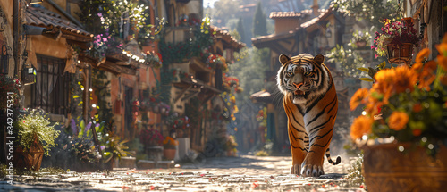 A tiger walking down a quaint village street in the morning photo