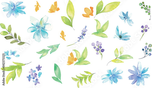 水彩画。水彩タッチの花と草木イラスト。植物のベクターイラスト。華やかな花の装飾イラスト。Watercolor painting. Flowers and plants illustration with watercolor touch. Vector illustration of plants. Gorgeous flower decoration illustration.