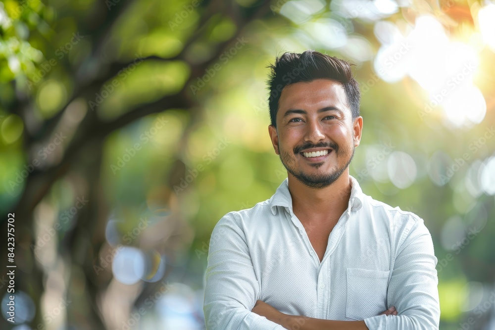 Happy young man standing with crossed arms in the park