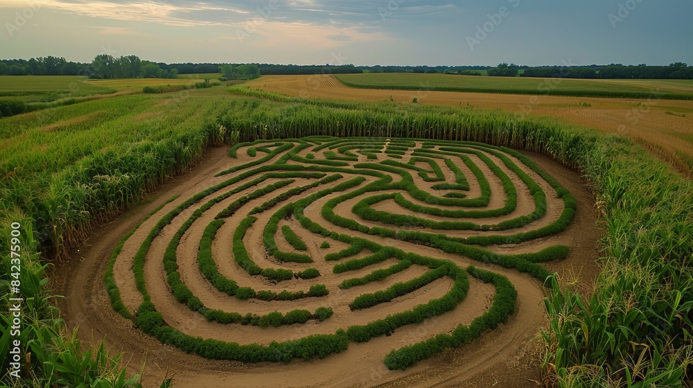 Overhead view of a captivating sand labyrinth, with winding paths, situated in a cornfield, under a sky that hints at impending doom Overhead view of a captivating sand labyrinth, with winding paths, situated in a cornfield, under a sky that hints at impending doom