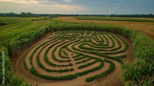 Overhead view of a captivating sand labyrinth, with winding paths, situated in a cornfield, under a sky that hints at impending doom
