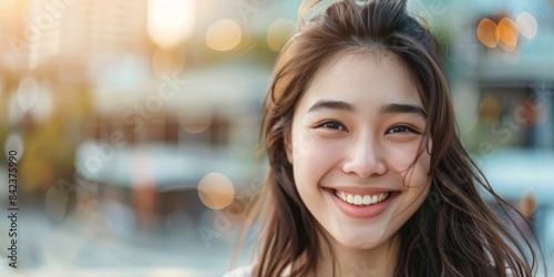 Portrait of a beautiful young Asian woman smiling outdoors with happiness