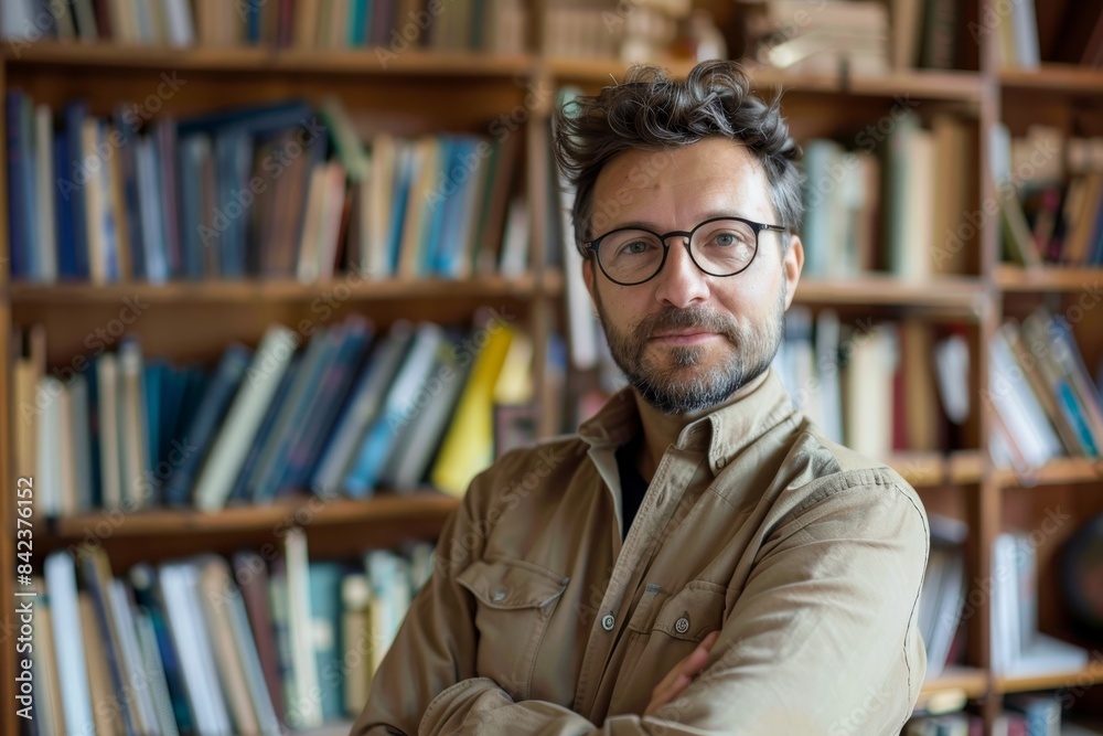 Portrait of a confident male librarian standing in a library with crossed arms. Portrait of a confident male librarian standing in a library with crossed arms.