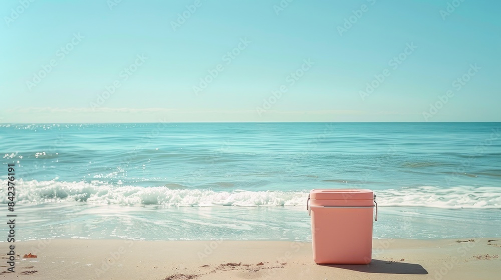 Pastel cooler with a minimalistic design, casting a shadow on sandy beach, gentle waves and blue sky creating a tranquil setting Pastel cooler with a minimalistic design, casting a shadow on sandy beach, gentle waves and blue sky creating a tranquil setting