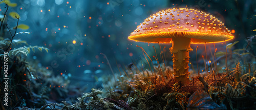 Bioluminescent mushroom glowing vibrantly amidst dense dark forest foliage photo