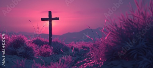 Resurrection symbolism  empty tomb at dawn with cross, illustrating easter s message photo