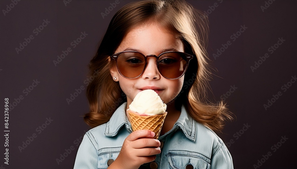 cute little girl with sunglasses eating a cone of ice cream on a studio background cute little girl with sunglasses eating a cone of ice cream on a studio background