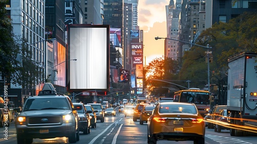 Large vertical street poster billboard on a busy city thoroughfare, bustling with traffic and life.
