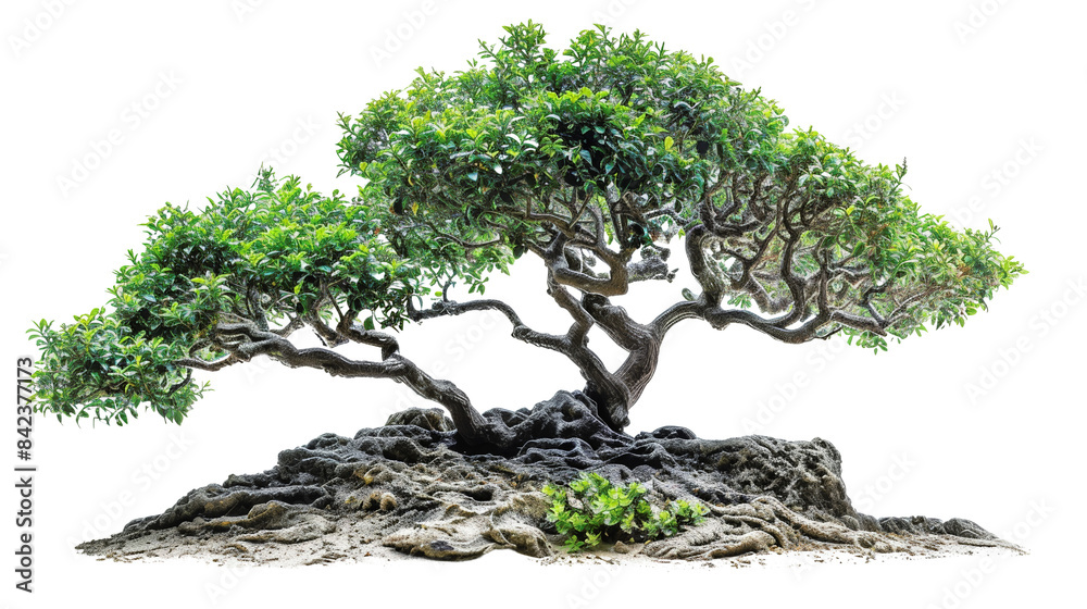 Beautiful bonsai tree with lush green foliage and intricate branches, growing from rocky soil against a white background. Beautiful bonsai tree with lush green foliage and intricate branches, growing from rocky soil against a white background.