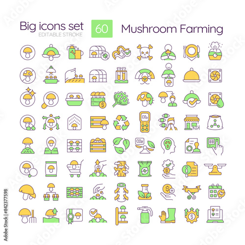 Mushroom farming and cultivation RGB color icons set. Mushroom growing and harvesting. Fungiculture. Isolated vector illustrations. Simple filled line drawings collection. Editable stroke