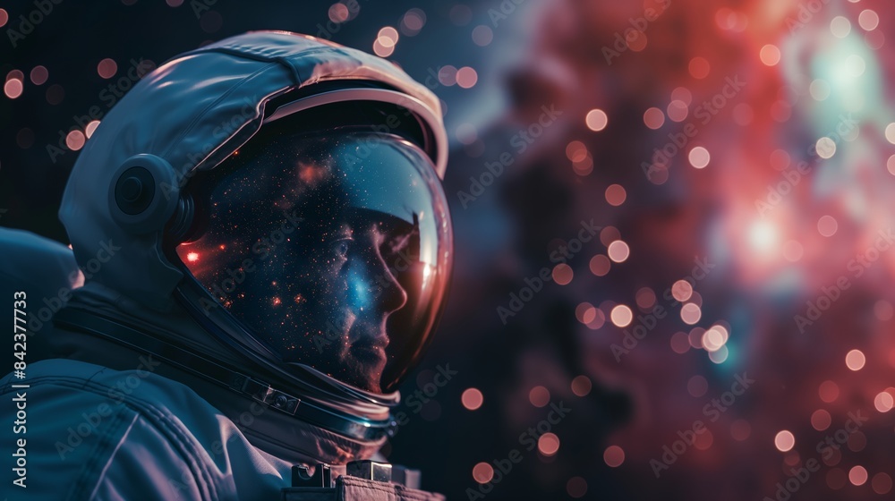 An astronaut stands amidst a colorful, nebula-like space backdrop, giving a sense of contemplation and distance An astronaut stands amidst a colorful, nebula-like space backdrop, giving a sense of contemplation and distance