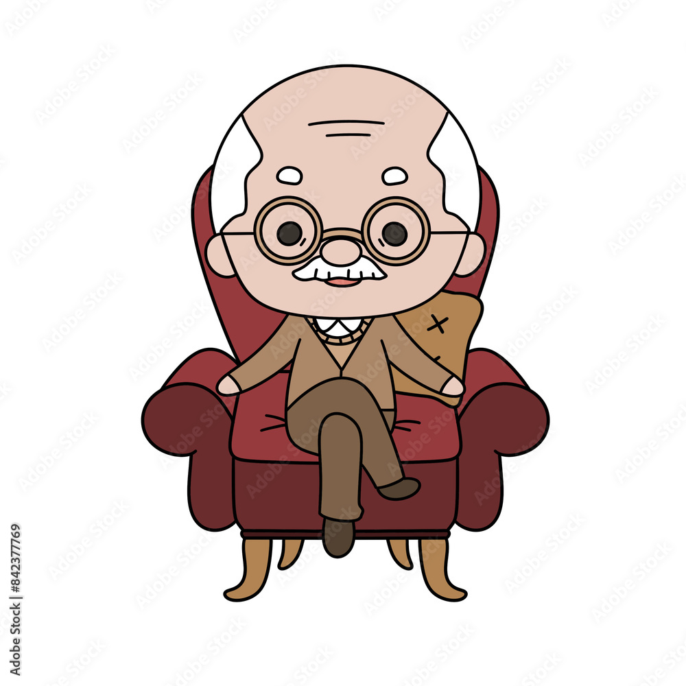 An old man is sitting in a red chair with a white background An old man is sitting in a red chair with a white background