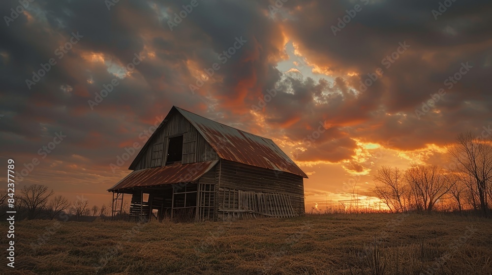Fototapeta premium Slanted roof of an old barn under twilight, gentle contrast of warm orange sunset and darkening clouds, rustic and serene