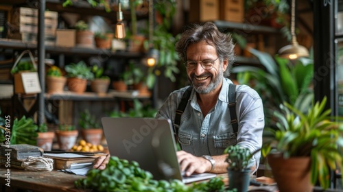 Smiling Entrepreneur Using Laptop in a Green and Relaxing Home Office