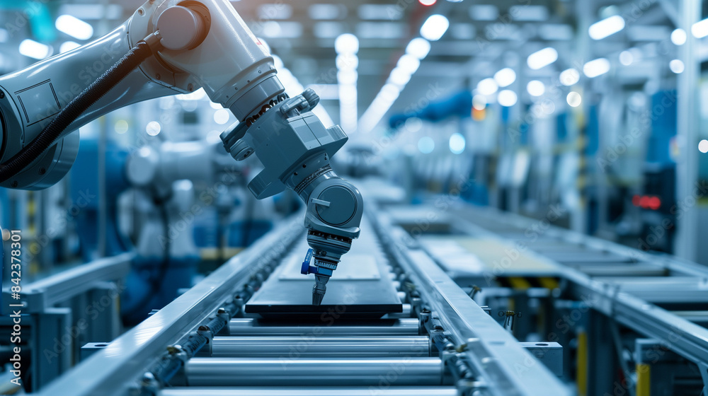 On an assembly line in a car factory, a robotic hand accurately places ...