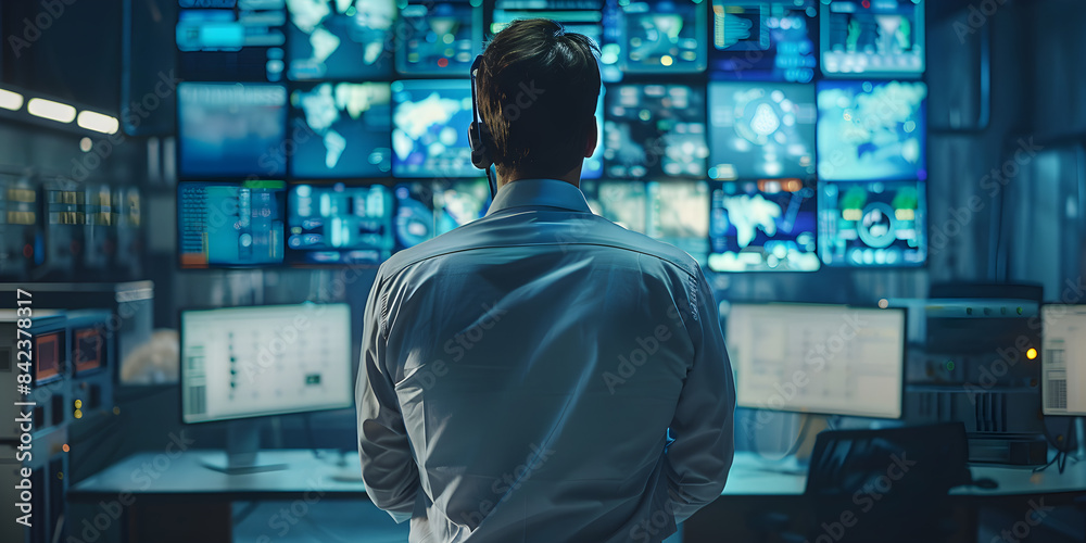Fototapeta premium A security guard commands a central control panel for real-time surveillance and monitoring.