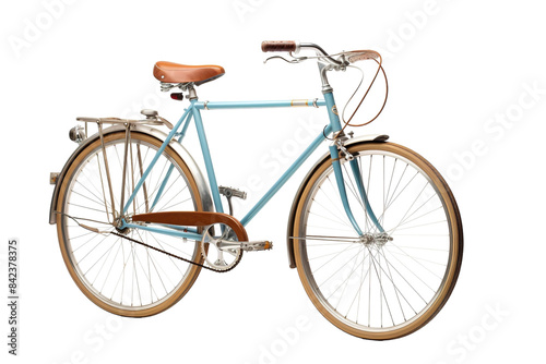 A Vintage Blue Bicycle With Brown Leather Accents Isolated on a Transparent Background PNG. photo