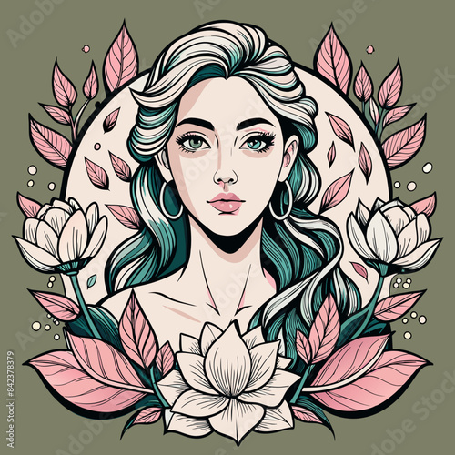 serene line art of a woman with magnolia flowers and leaves gently