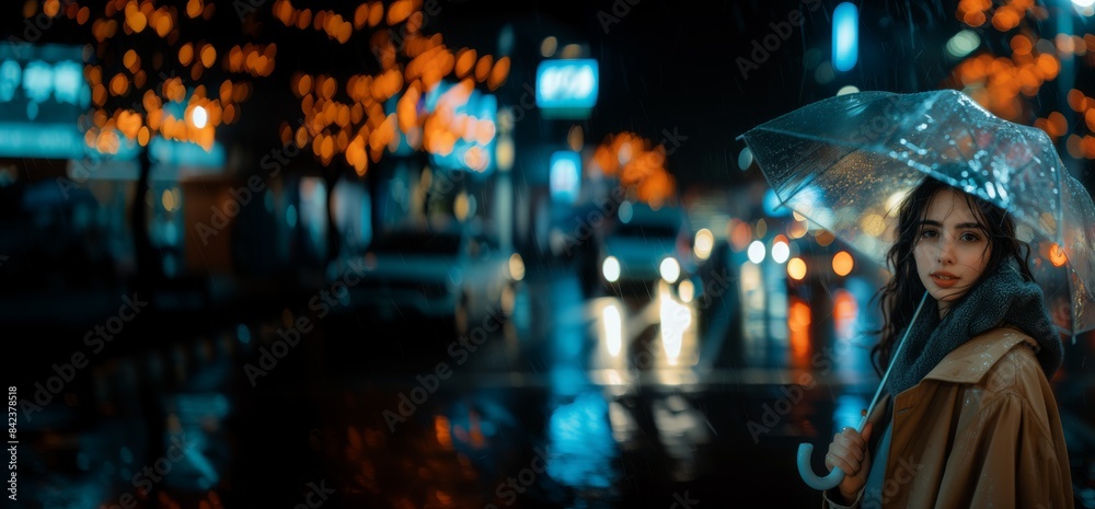 Obraz premium Serene Night Stroll: A Woman's Walk Through a Rainy Cityscape