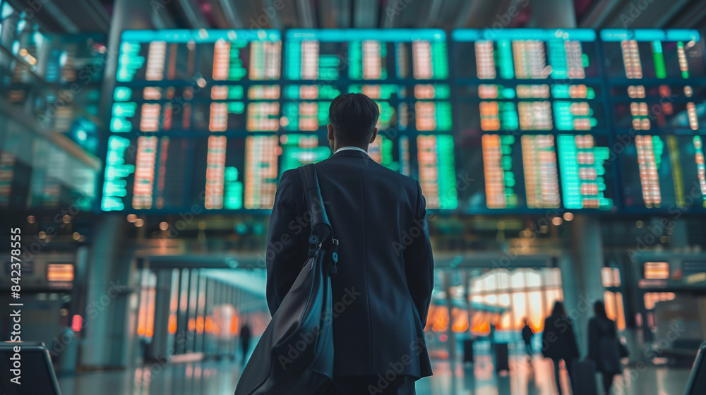 Businessman traveling on business, tracking flight information in the airport terminal, preparing for the next leg of his trip. Businessman traveling on business, tracking flight information in the airport terminal, preparing for the next leg of his trip.