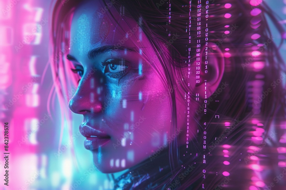 hyper realistic beautiful woman coding, matrix, computers, in the style of pinks, purple and blues. Generative ai