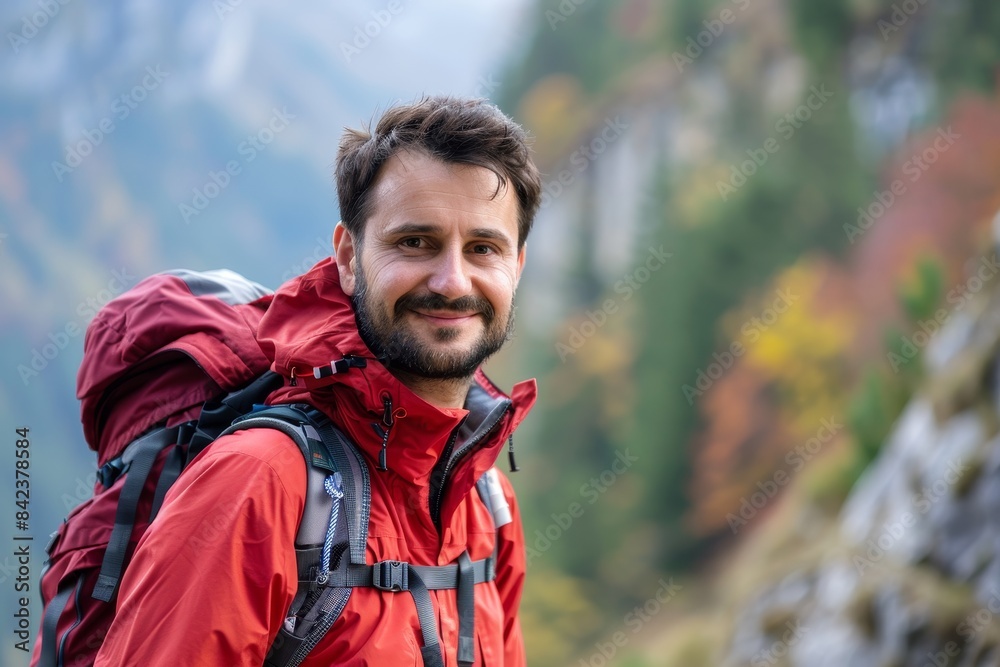 Young male hiker with backpack smiling in the mountains. Young male hiker with backpack smiling in the mountains.