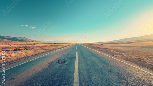 An empty  endless road running into the distance under a bright sky  the simplicity of this image evoking a feeling of freedom and unlimited perspectives.