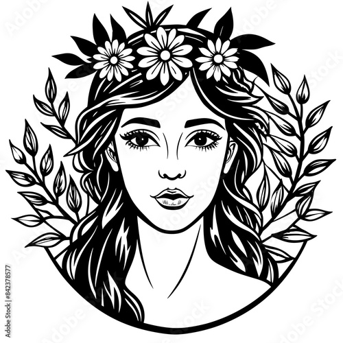 refined line art illustration of a woman with a wreath of wildflowers and grasses forming a subtle crown