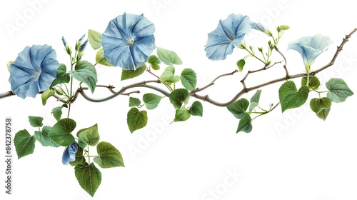 Delicate blue morning glory flowers and green leaves against a transparent background. Perfect for floral designs and nature-themed projects. photo