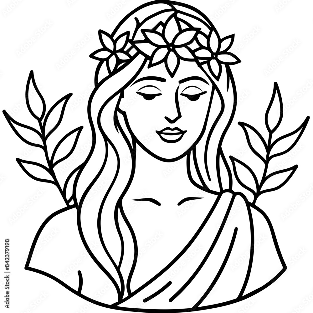 serene line art drawing of a woman with a crown of lilies and vines gently draped over her shoulders