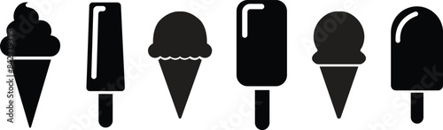 Set of black Fill Ice cream soft and delicious icons. Ice-Cream Waffle cones, frozen food dessert symbols vectors illustration logos signs. Sorbet cones collection isolated on transparent background.