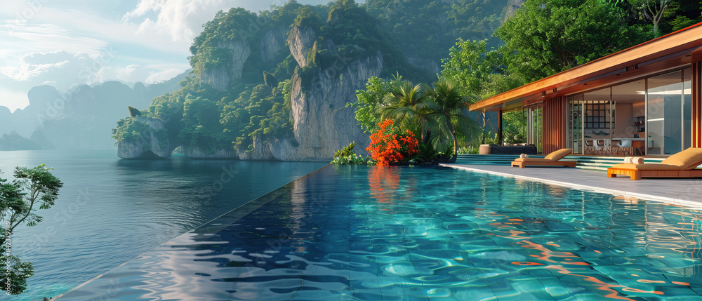 Obraz premium Bright tropical residence with infinity pool and panoramic landscape, octane , ,