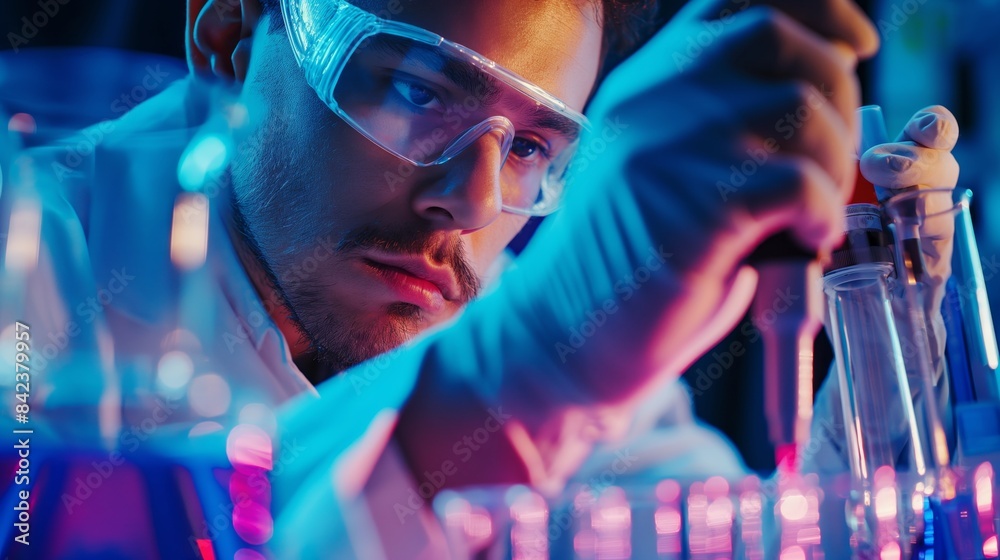 A male scientist examines colorful liquids in vials during a scientific research in a laboratory setting