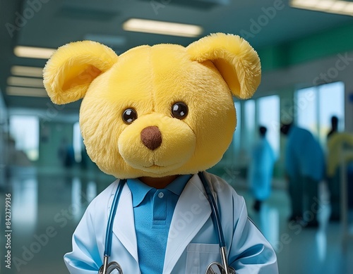 peluche de perro amarillo usando un fonendoscopio y vestido de médico