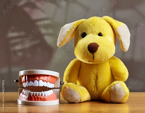 peluche de perro amarillo con modelo de dentadura y un cepillo de dientes